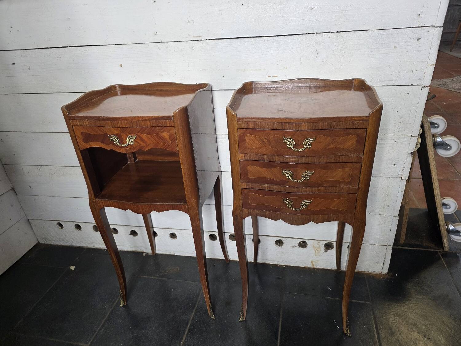 Pair of Louis XV style bedside tables in marquetry