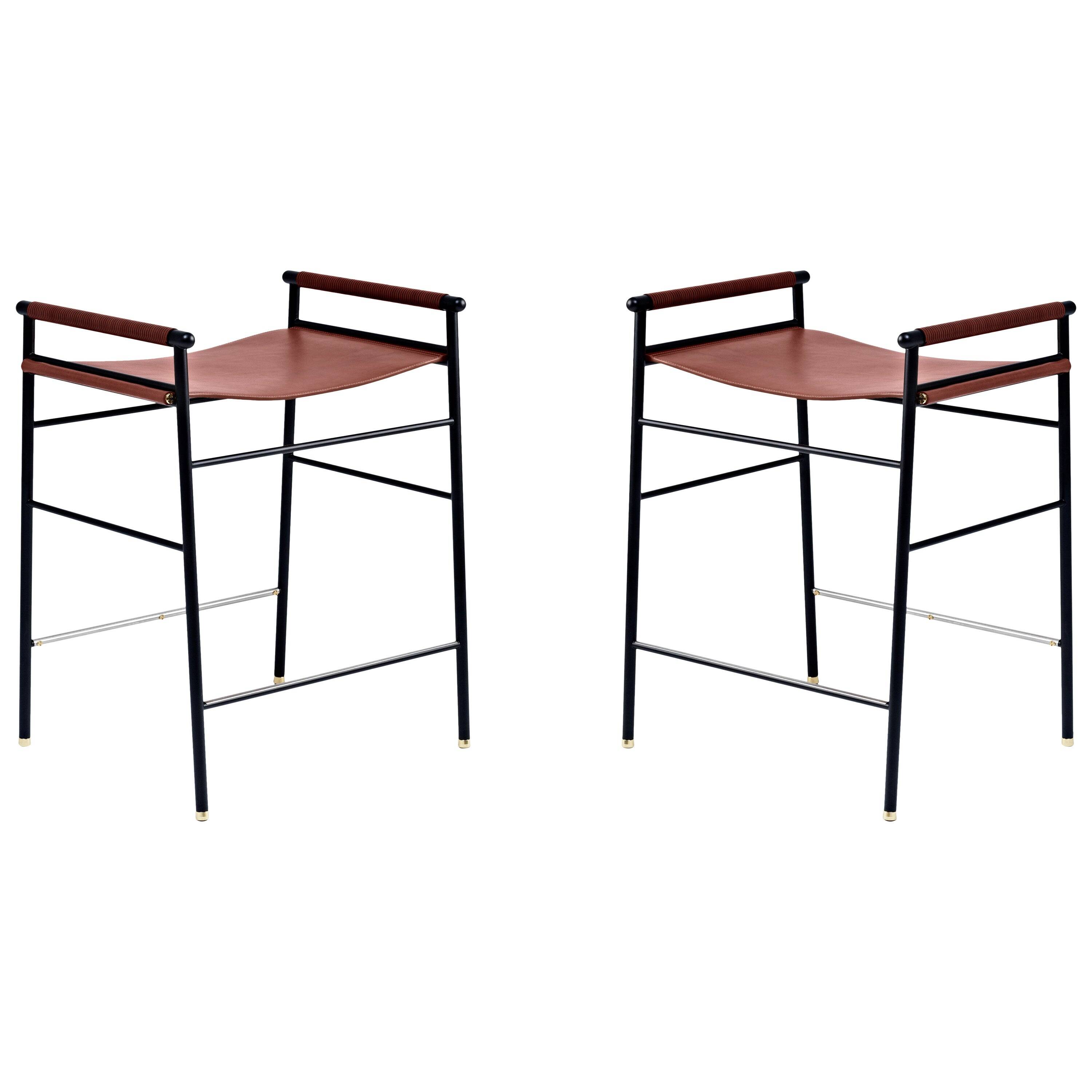 By Contemporary Artisan Bar Stool Leather Cognac Black Rubber Metal