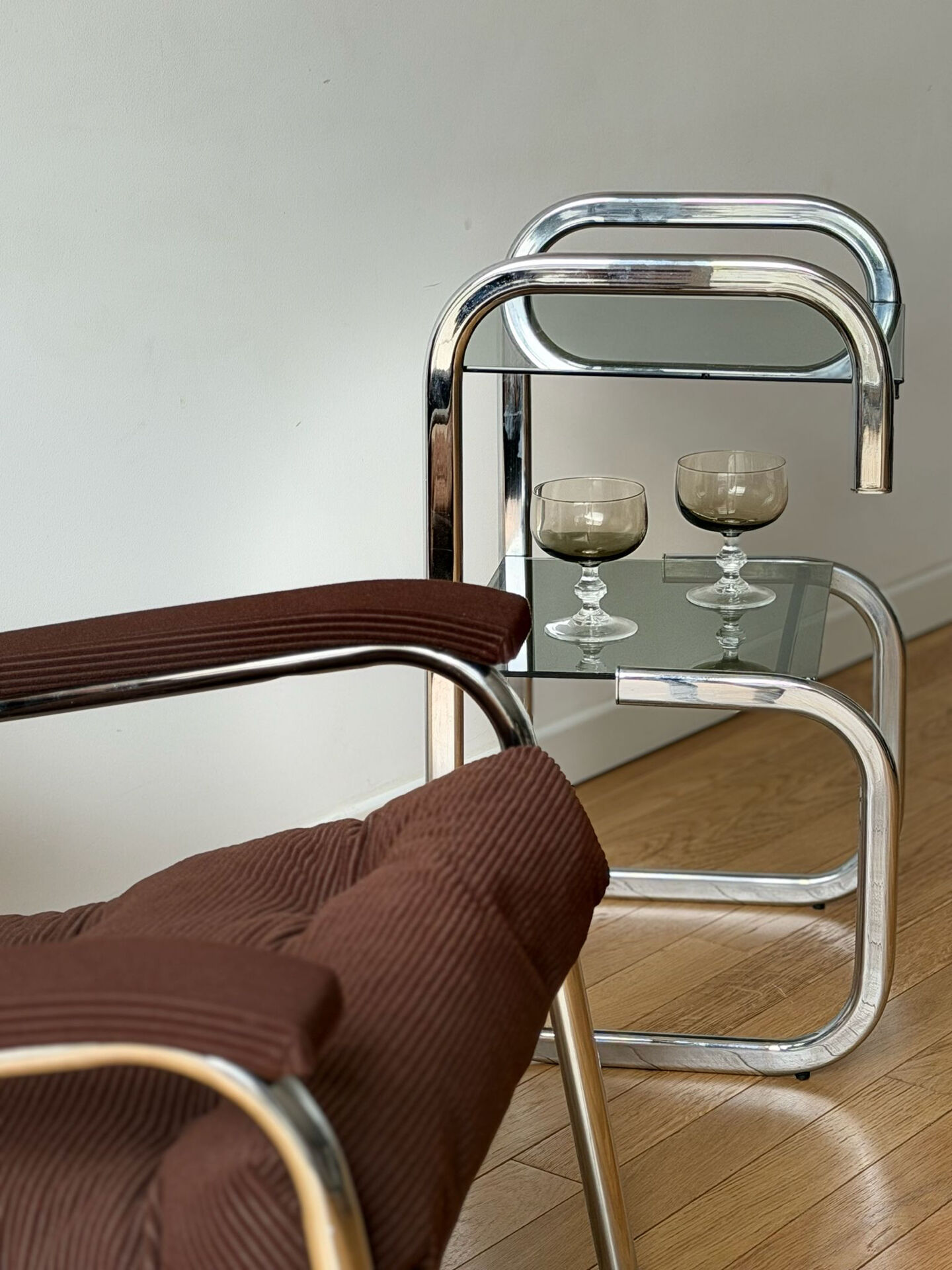 Vintage side table in smoked glass and chrome