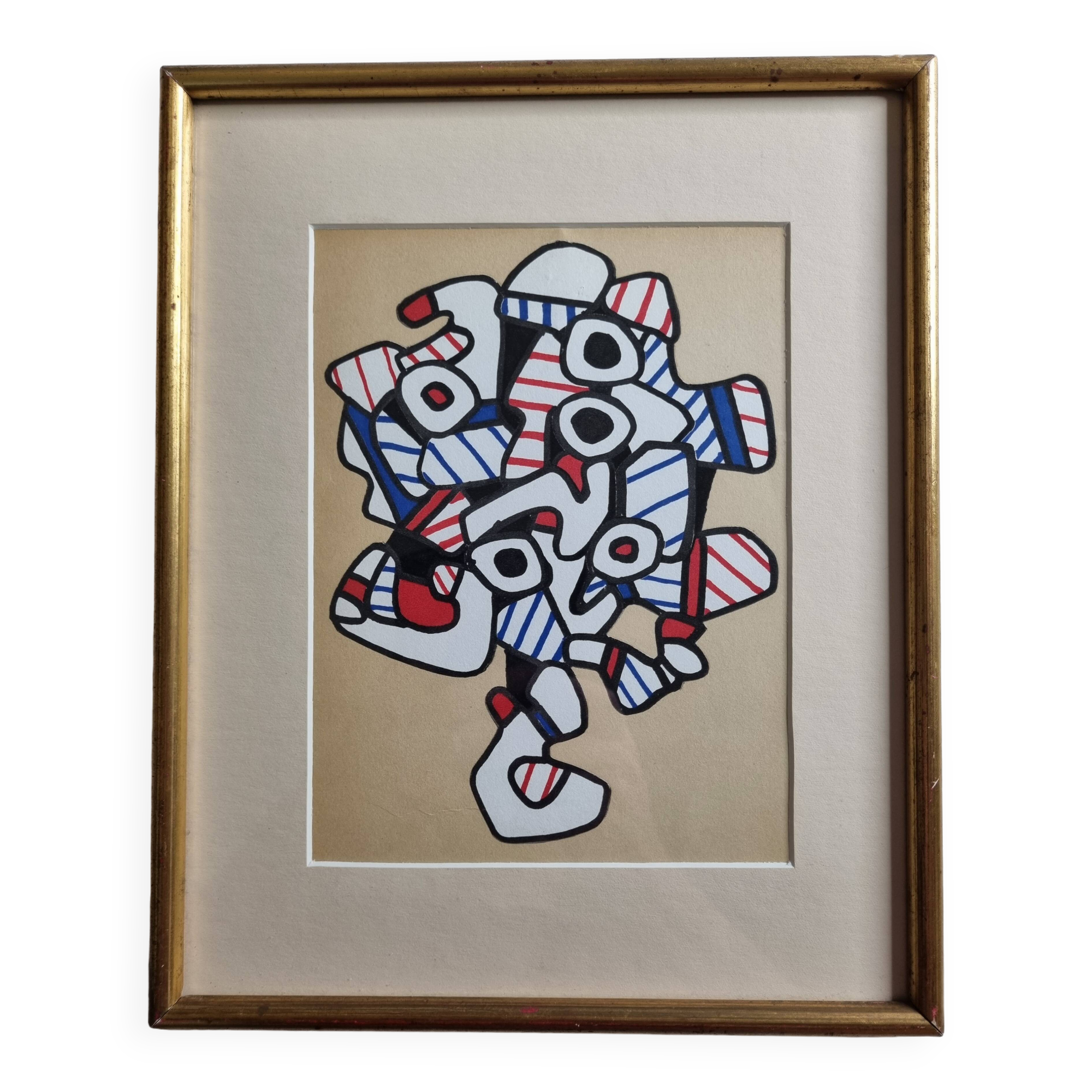 Sérigraphie d’après Jean Dubuffet, années 70, cadre doré sous verre, 24 x 31 cm