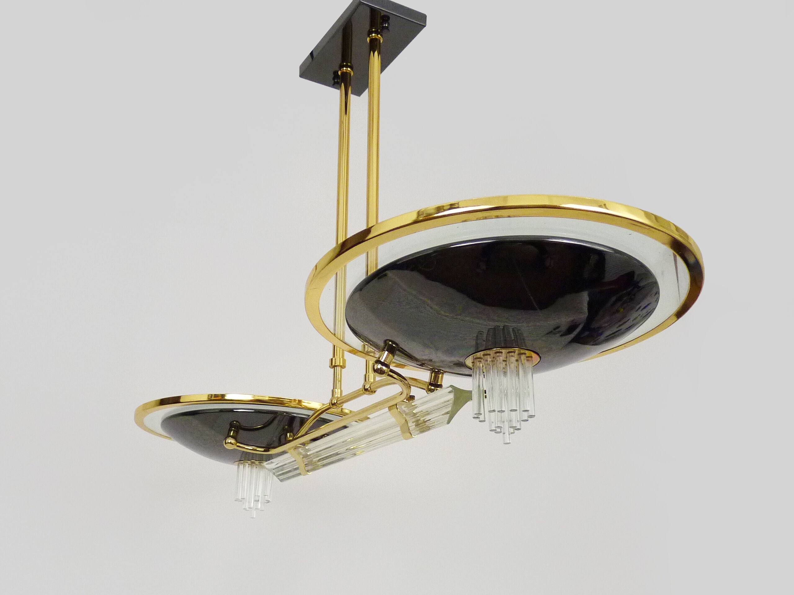 Venini-style halogen chandelier with two arms in brass, anthracite metal and glass. Eighties