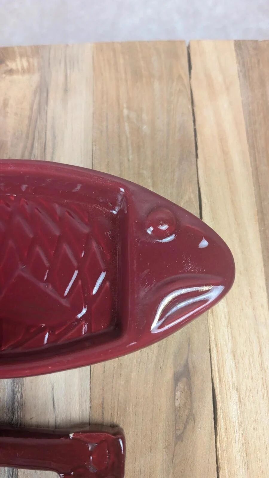 Vintage red ceramic butter dish + matching knife