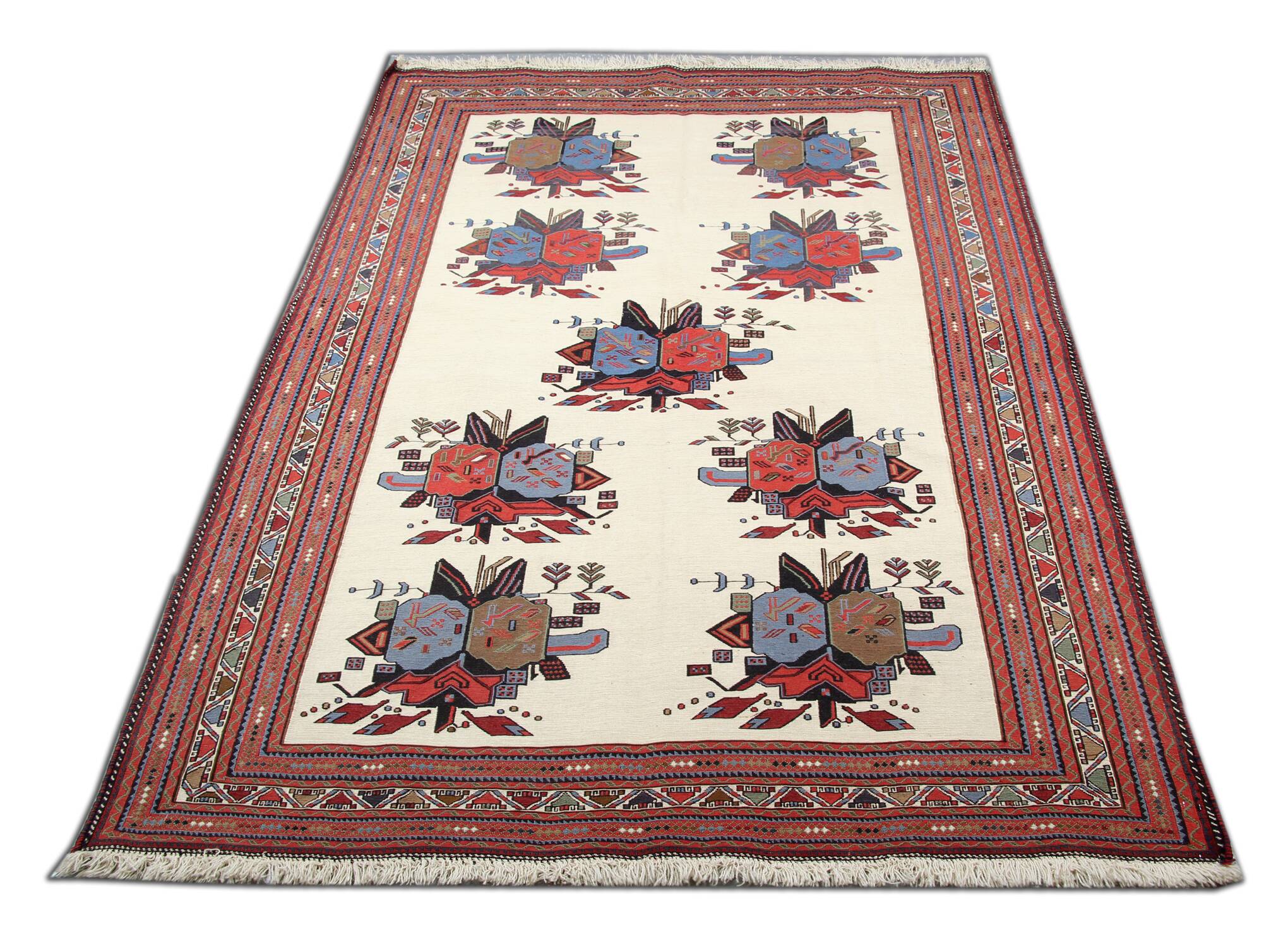 Afshar Sumakh Kilim Rug Cream Floral Design Handmade Wool 212x120cm