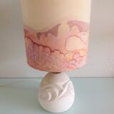 Ovoid lamp in carved stone and printed lampshade / vintage 60-70s