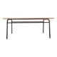 Table with tubular metal legs and wooden top.