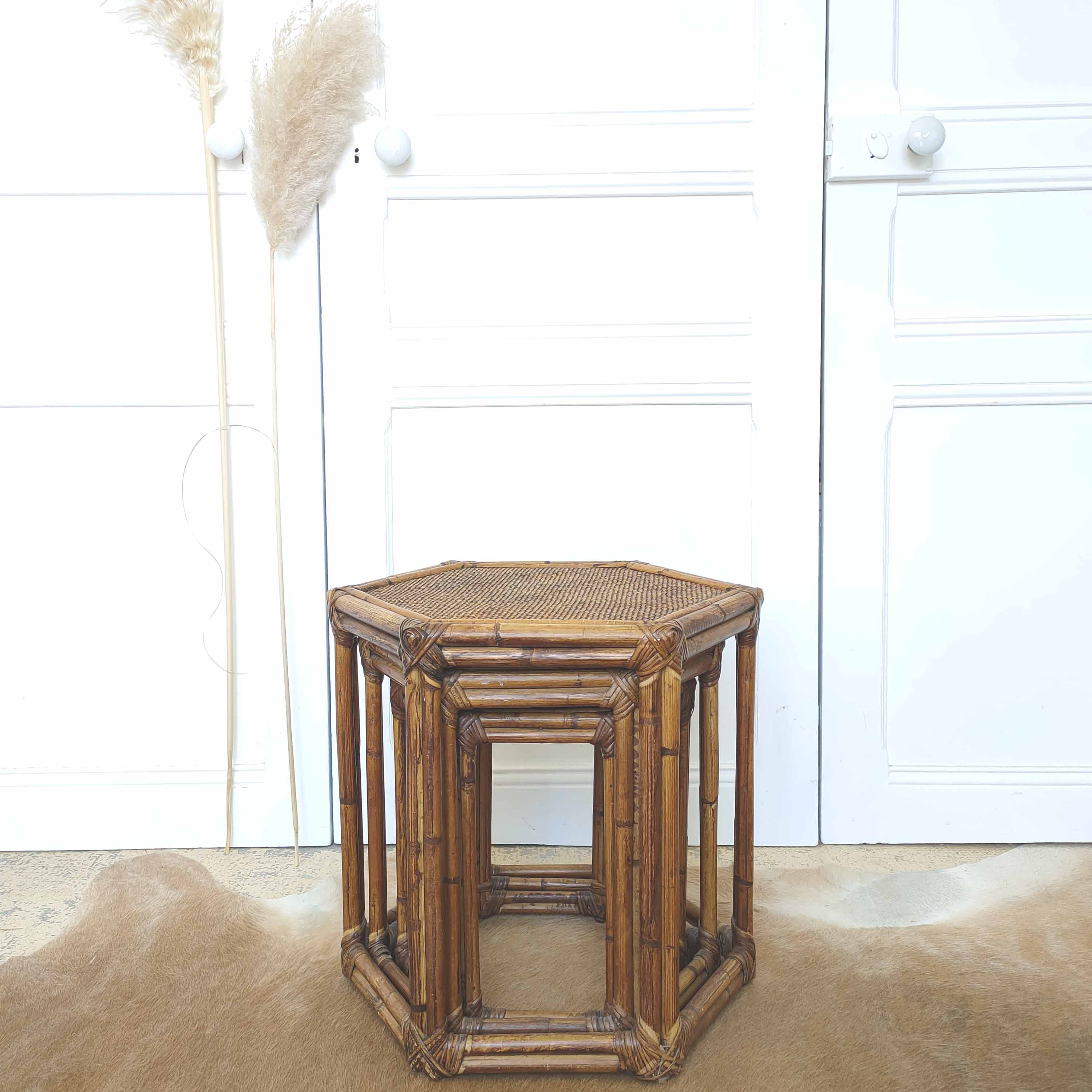 3 vintage rattan coffee tables hexagonal shape