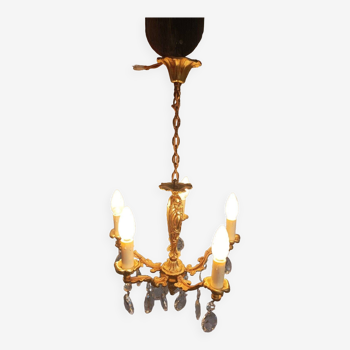Lustre en bronze doré et pampille de cristal Louis XV 5 feux en état de marche !