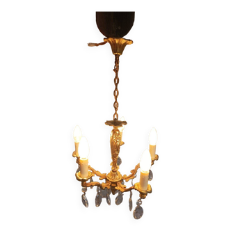 Lustre en bronze doré et pampille de cristal Louis XV 5 feux en état de marche !