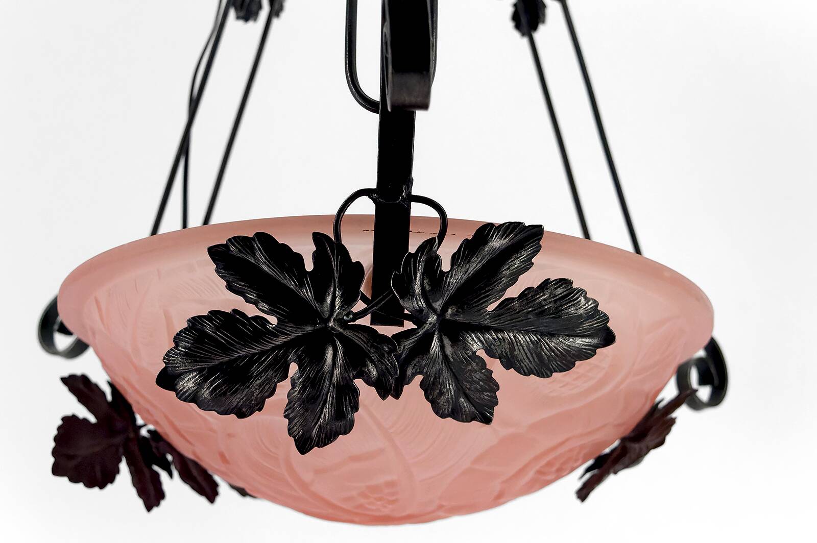 Wrought iron pendant light, pink bowl with floral decoration, Art Deco, Circa 1930