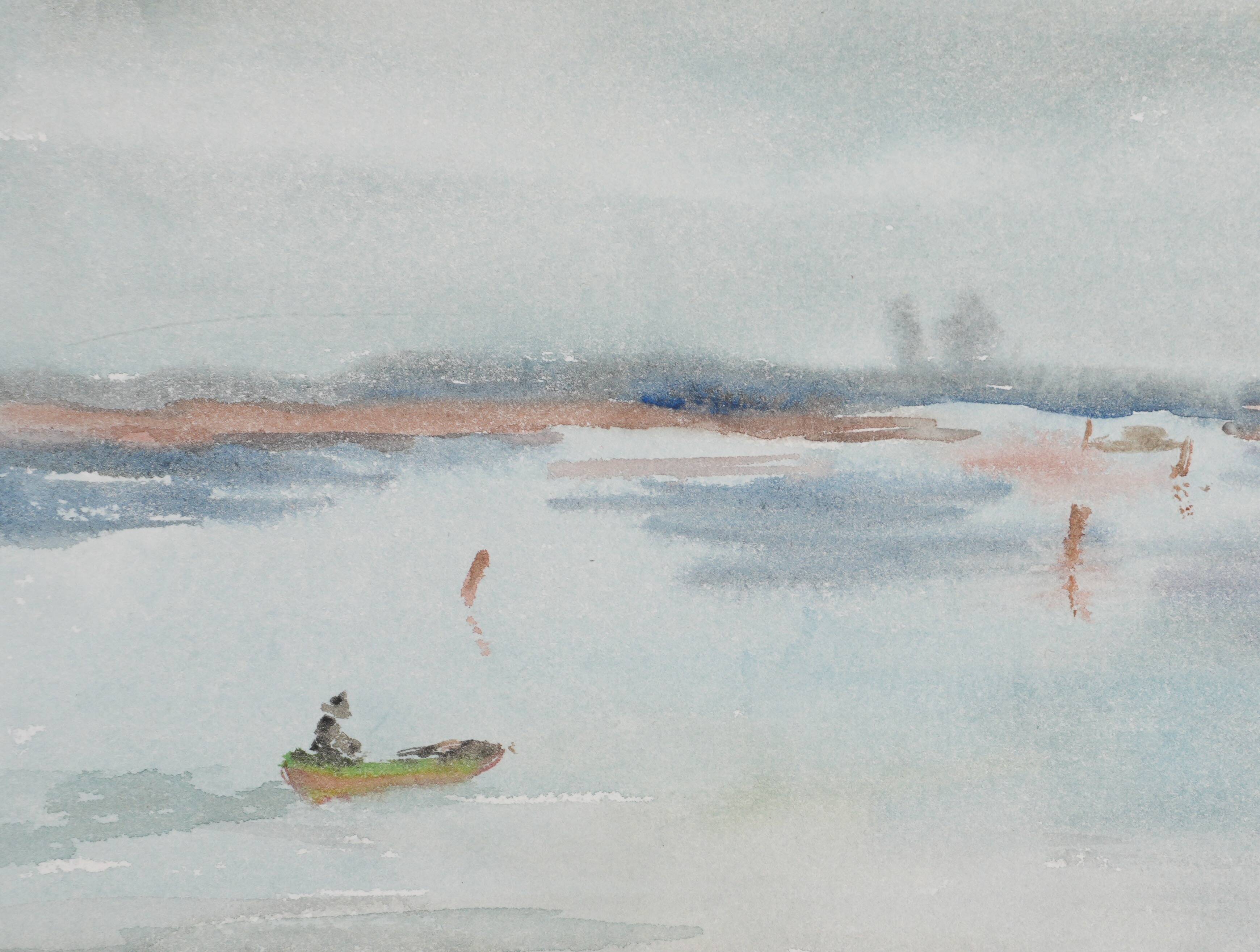 Camille COMBE: Seaside promenade, Original signed watercolor