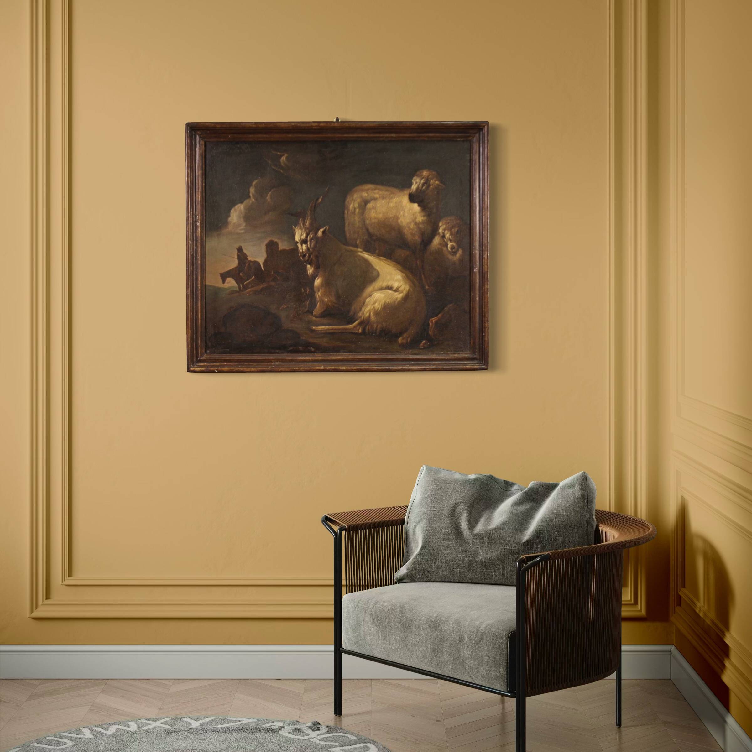 Beautiful 17th century painting, bucolic landscape with goats