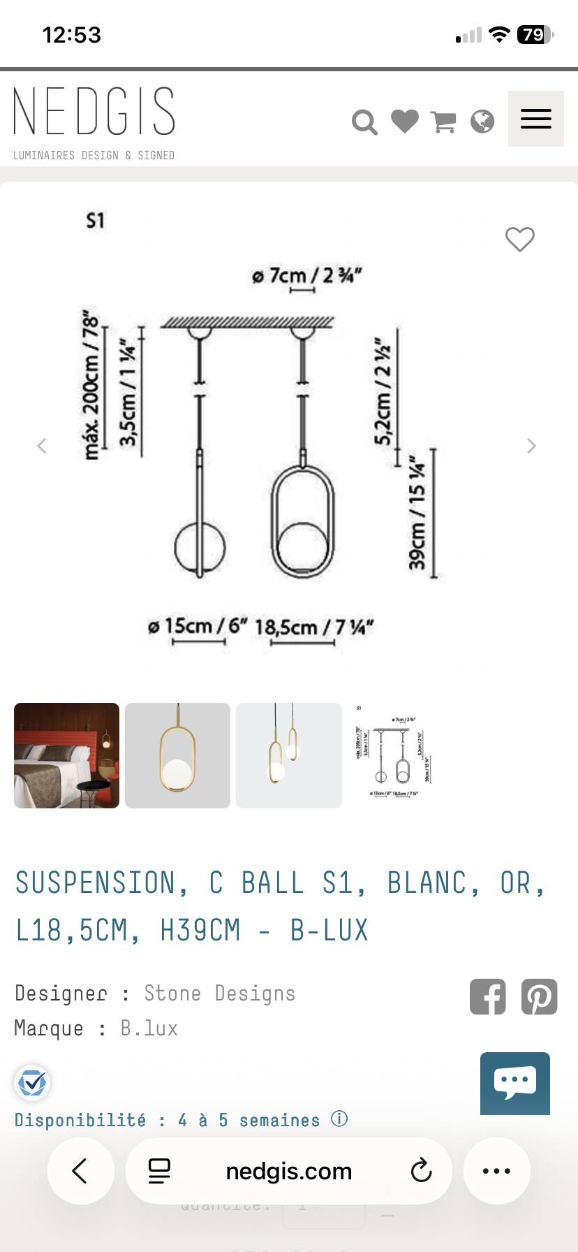 Suspension BIux C Ball S1 white and gold