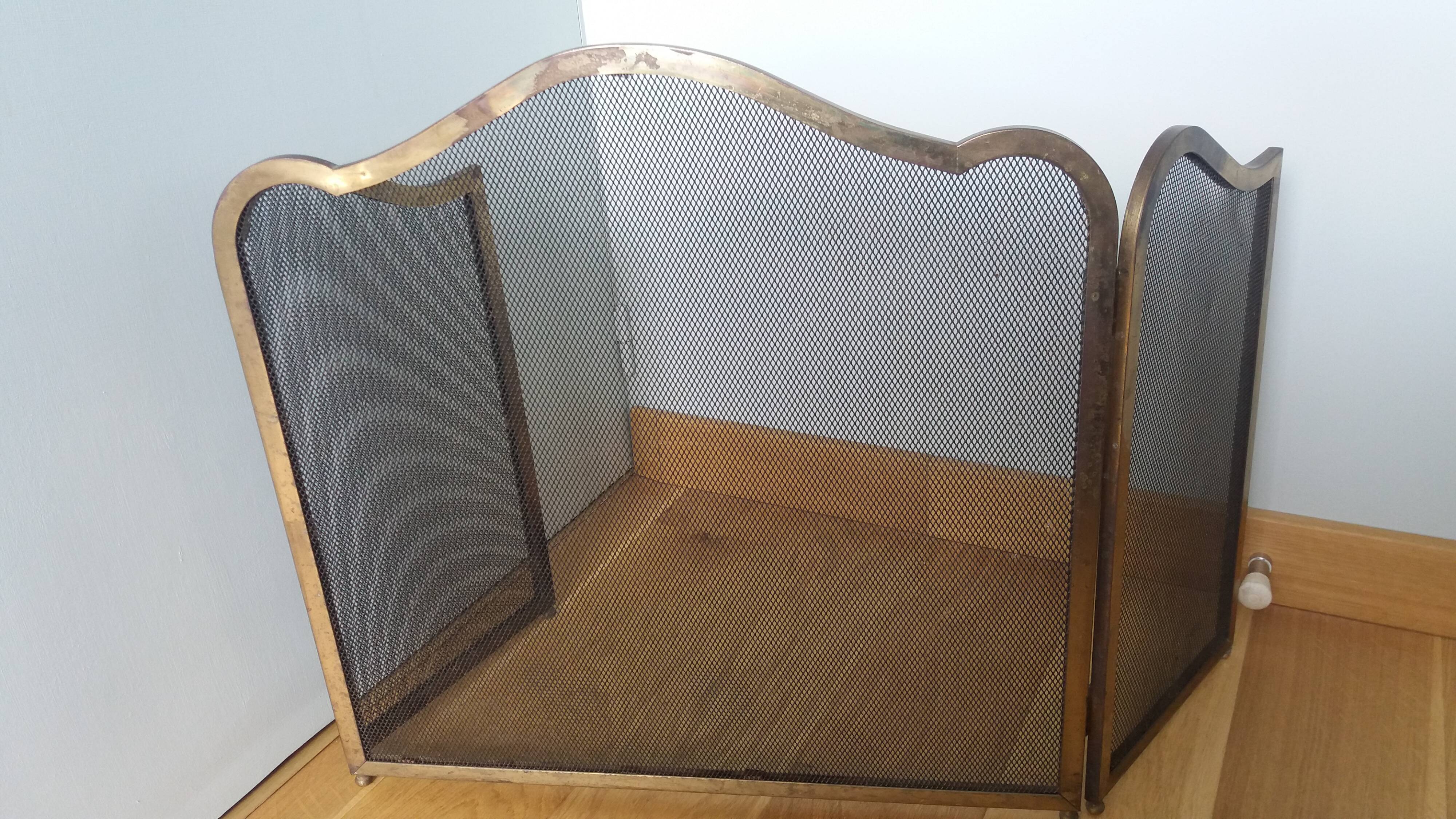Fire screen, three-panel fireplace screen.
