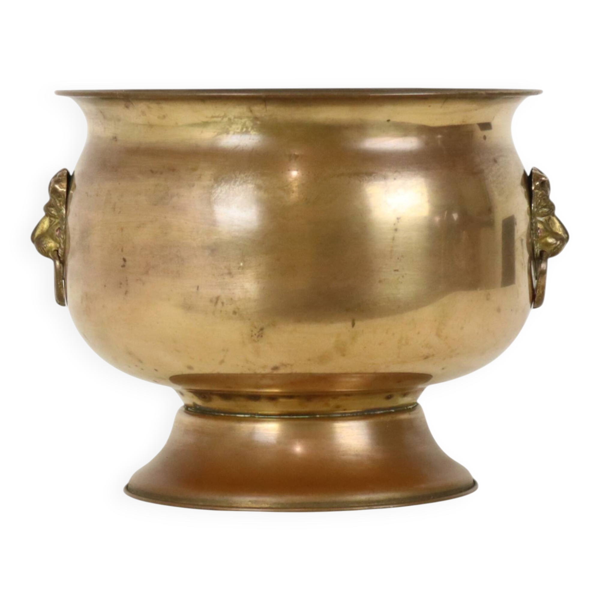 Antique Brass Jardinière Plant Pot with Lion Heads, Early 20th Century