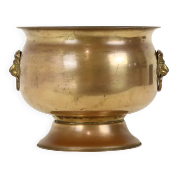 Antique Brass Jardinière Plant Pot with Lion Heads, Early 20th Century
