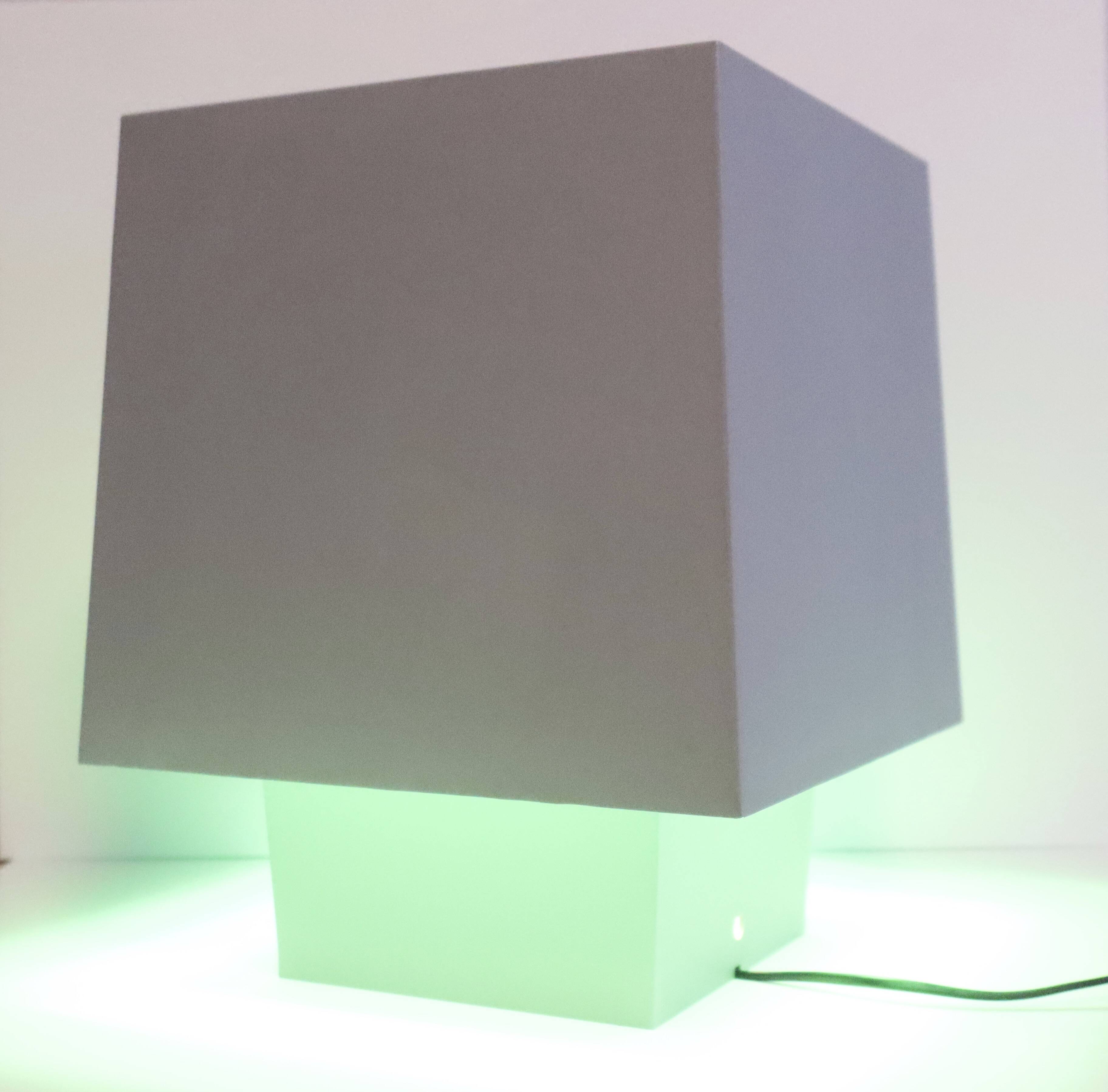 Grey metal cubic design lamp, coloured filters and Japanese signature.