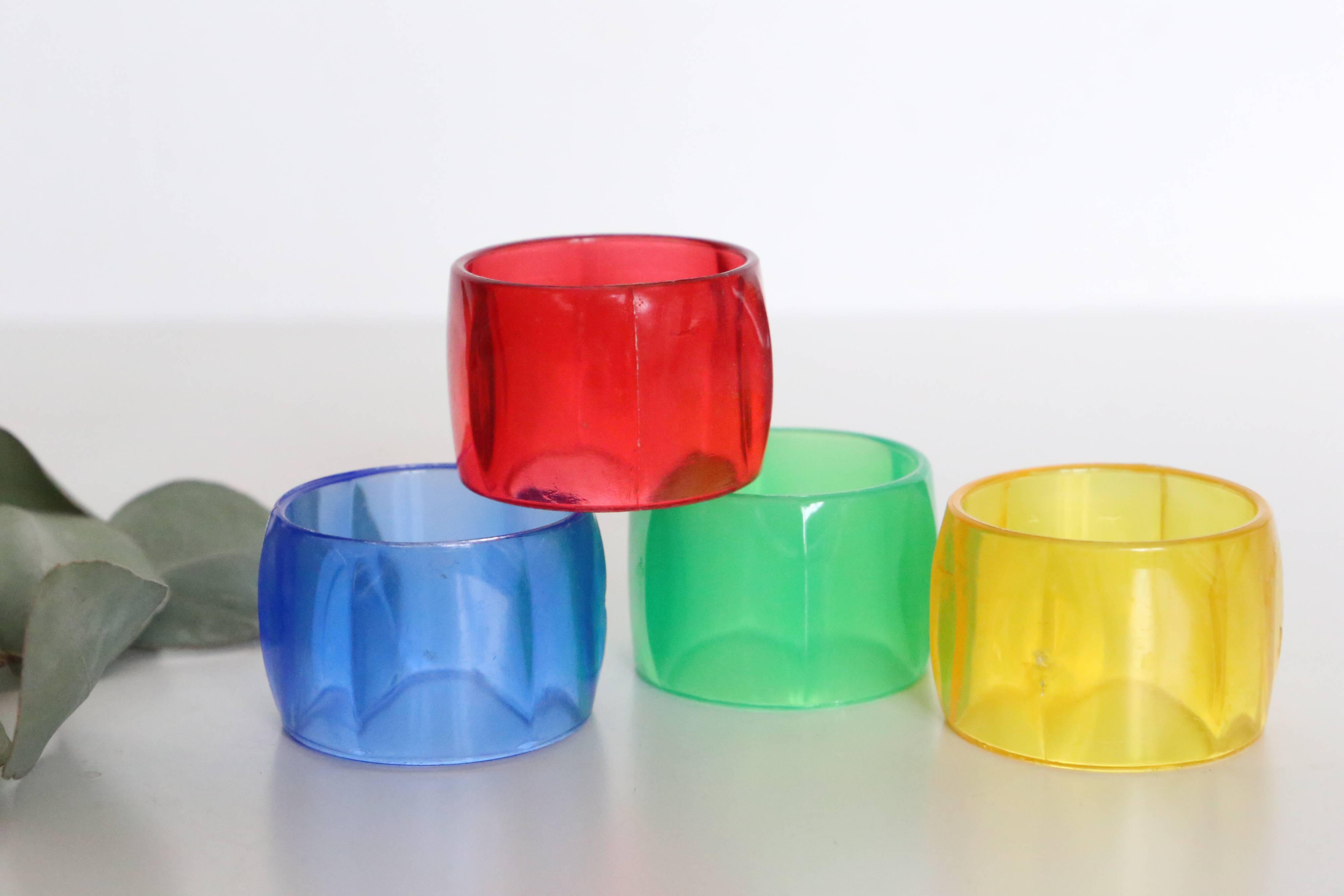 Colorful towel rings made of translucent plastic, vintage