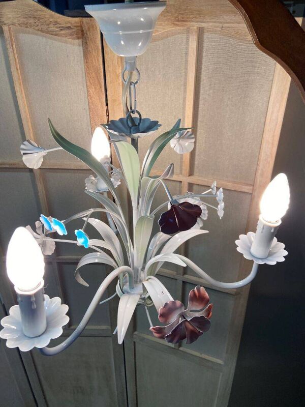 Ancien lustre plafonnier florentine bouquet floral design 1970 art décoratif tôle
