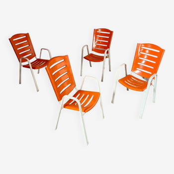 Lot de 4 chaises extérieur intérieur orange plastique et métal vintage années 70 jardin