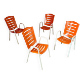 Lot de 4 chaises extérieur intérieur orange plastique et métal vintage années 70 jardin