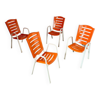 Set of 4 outdoor indoor orange plastic and metal chairs vintage 70s garden