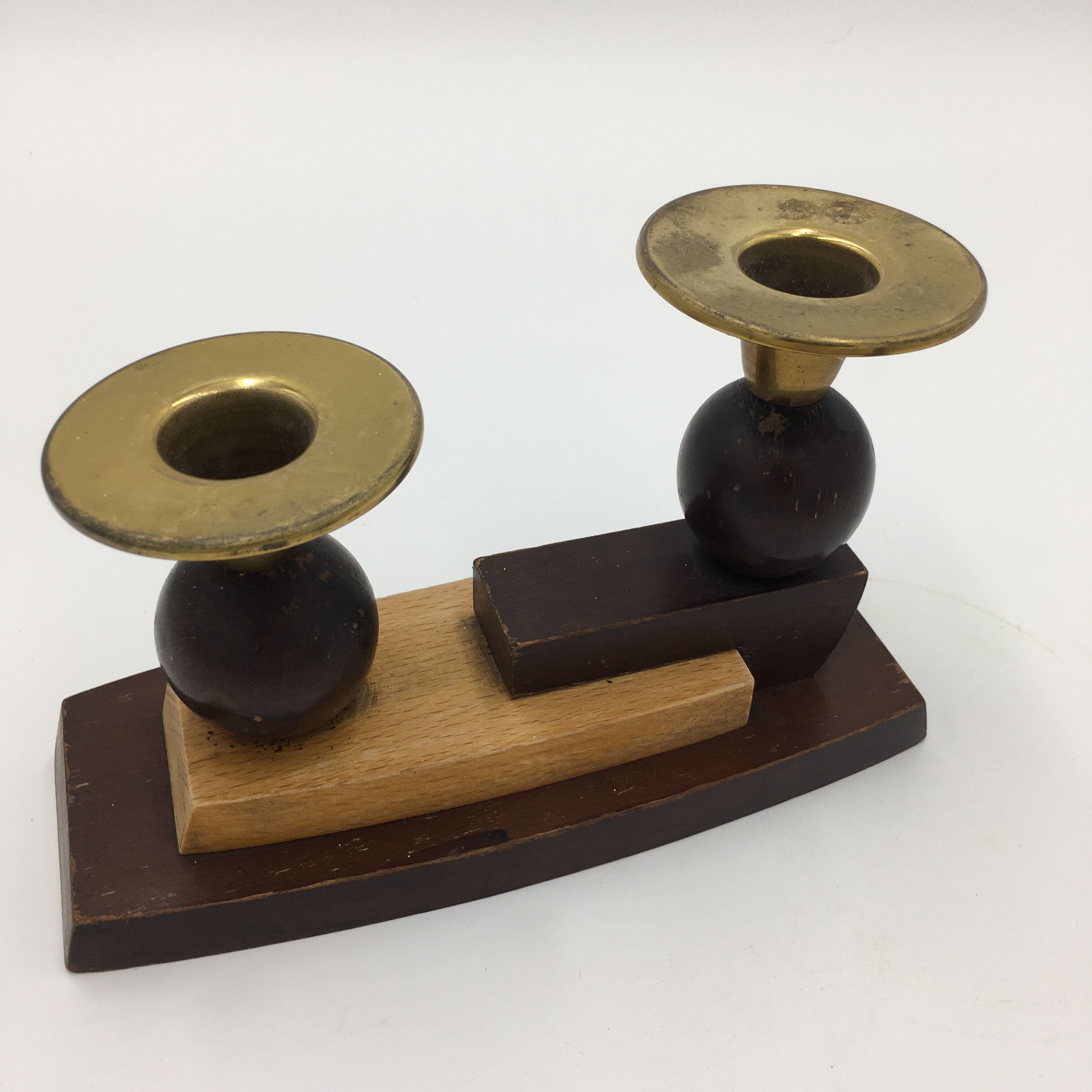 Cubist-style wooden candlesticks duo