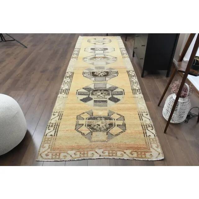 1970s Turkish Oushak Handmade Wool Cotton Orange Runner 112x374