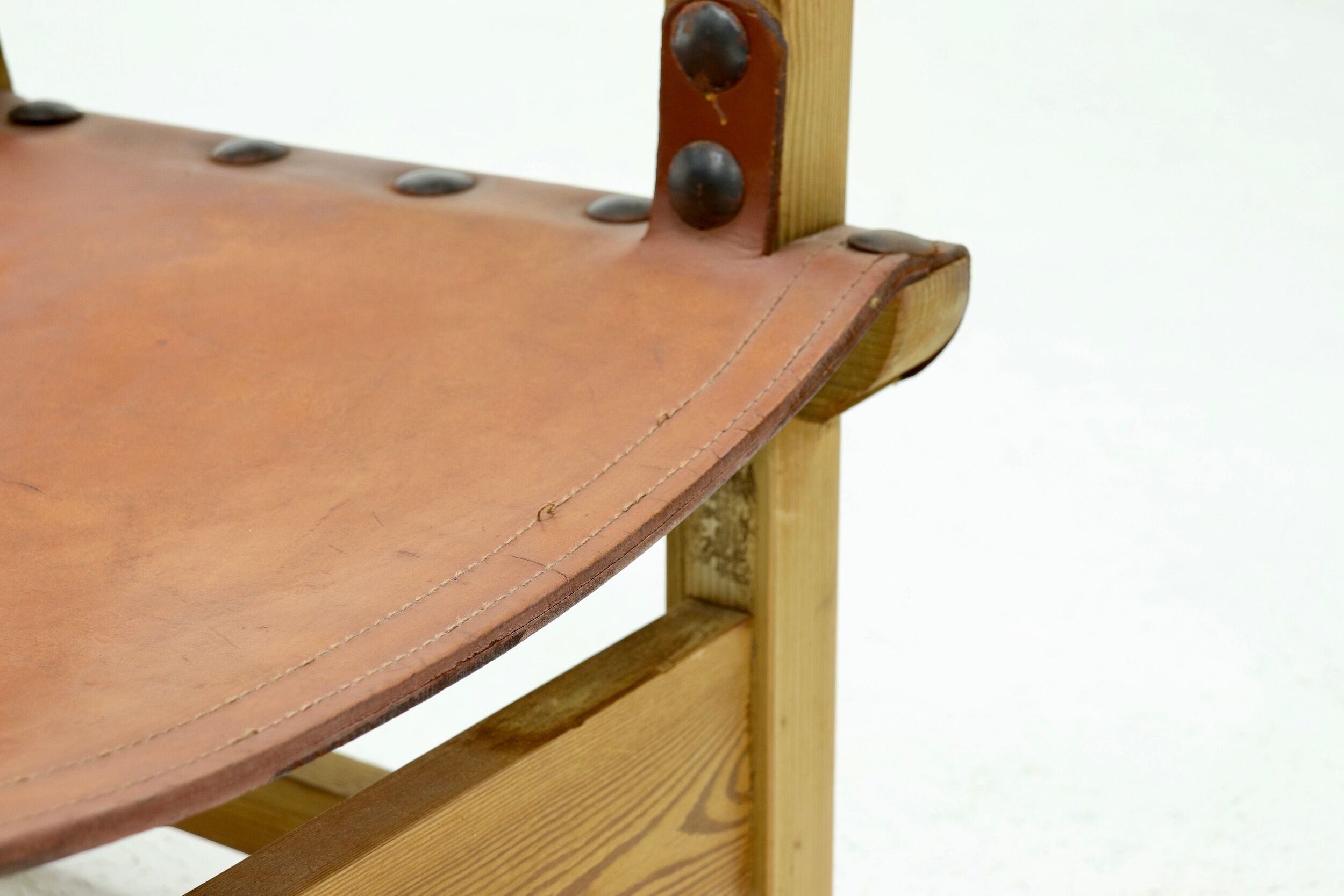 Brutalist Armchair in Pine and Cognac Leather 1960s