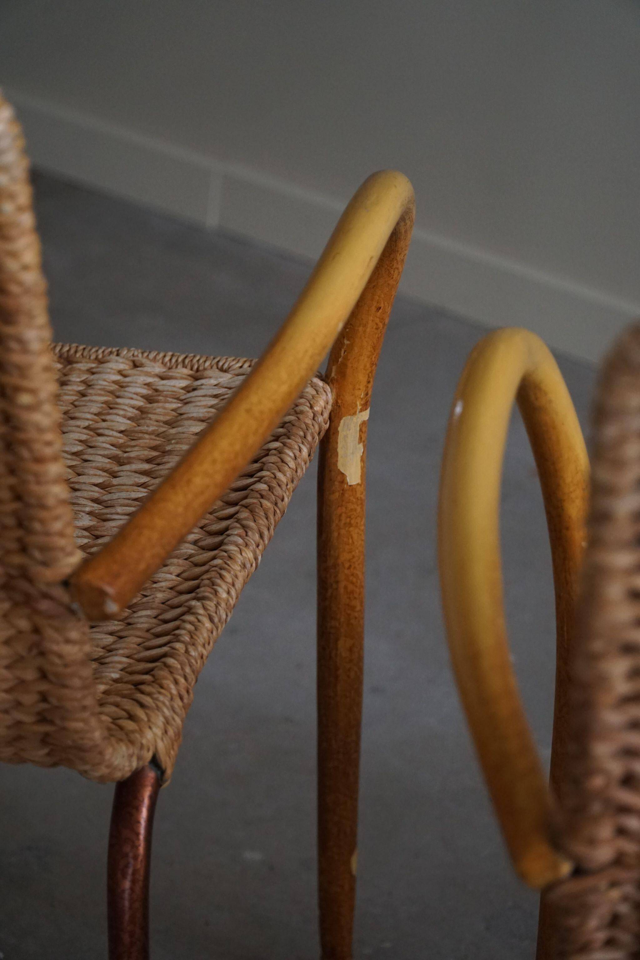 Set of 4 vintage Italian wicker and birch armchairs, mid-century modern, 1950.