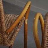 Set of 4 vintage Italian wicker and birch armchairs, mid-century modern, 1950.