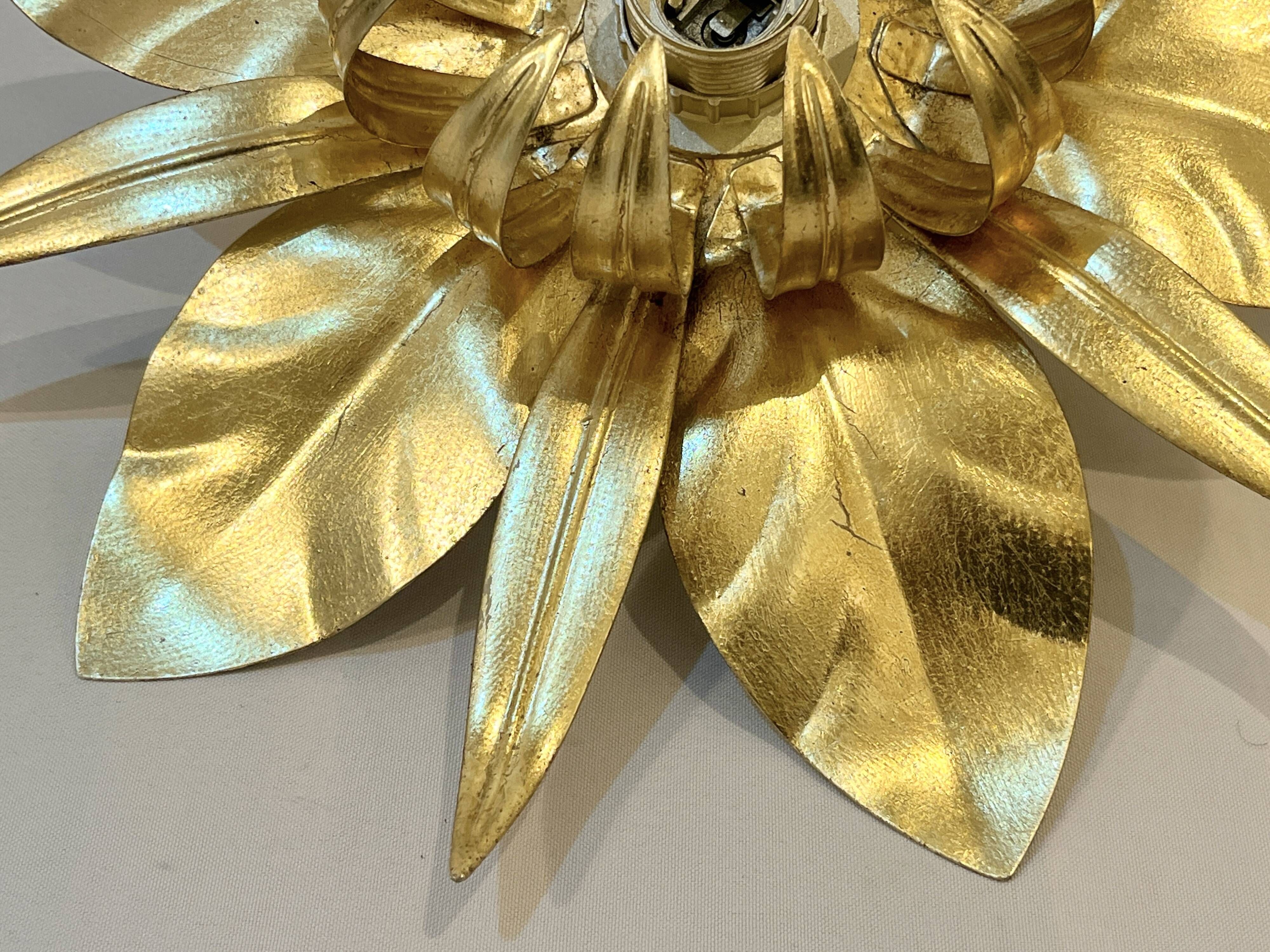 Masca style gold leaf metal flower wall light, 1970-1980