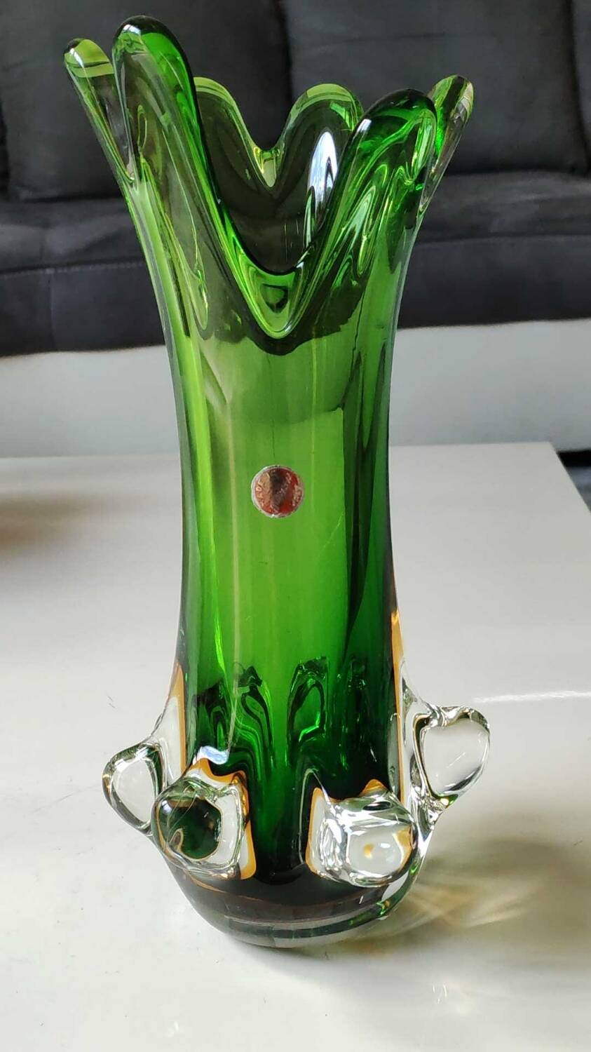 Murano/Flavio Poli vase. Blown art glass, green/amber tones. Organic floral shape. Height 28 cm