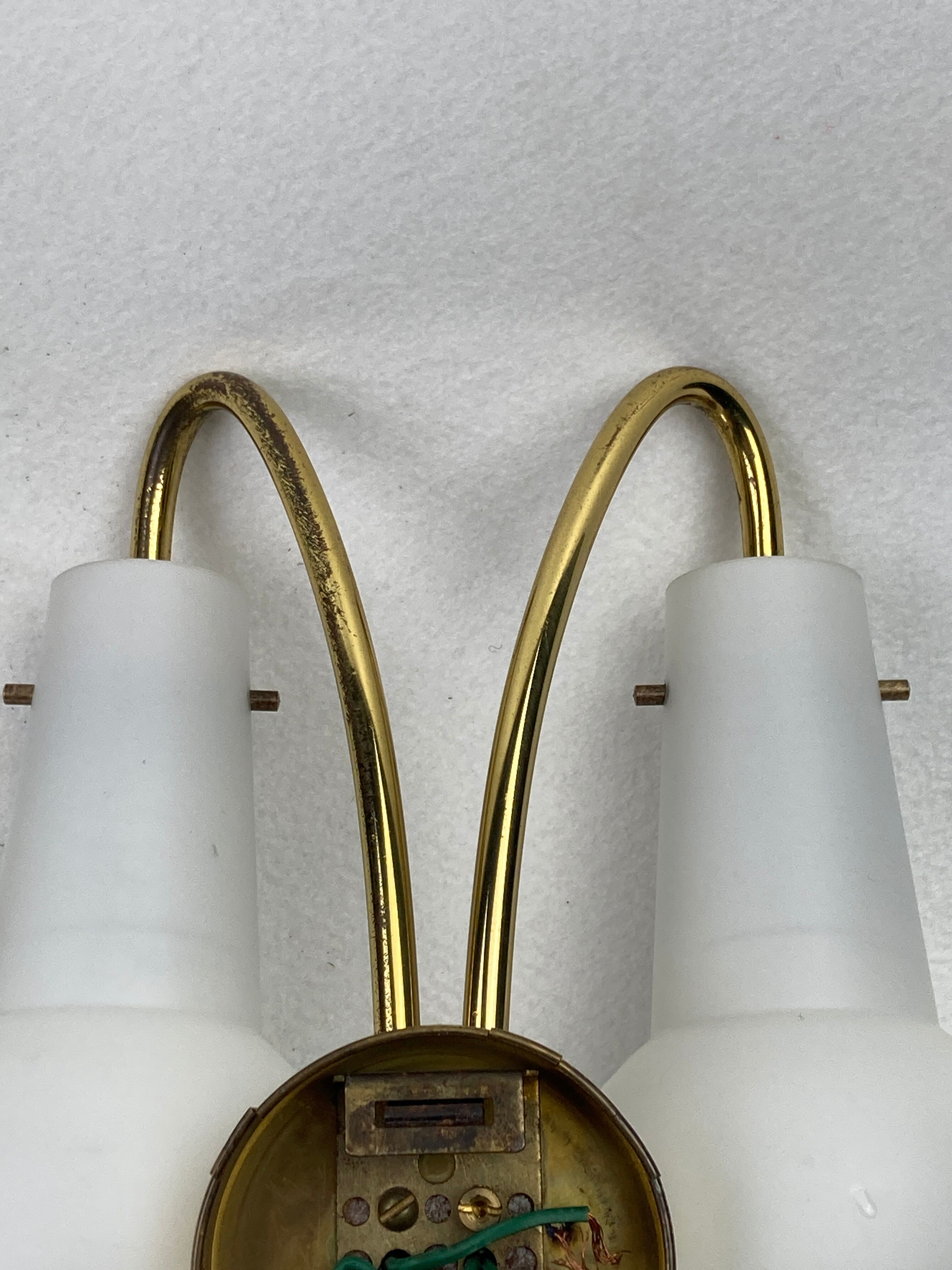 Pair brass and opaline wall sconces or bedside lamps, Austria 1950s