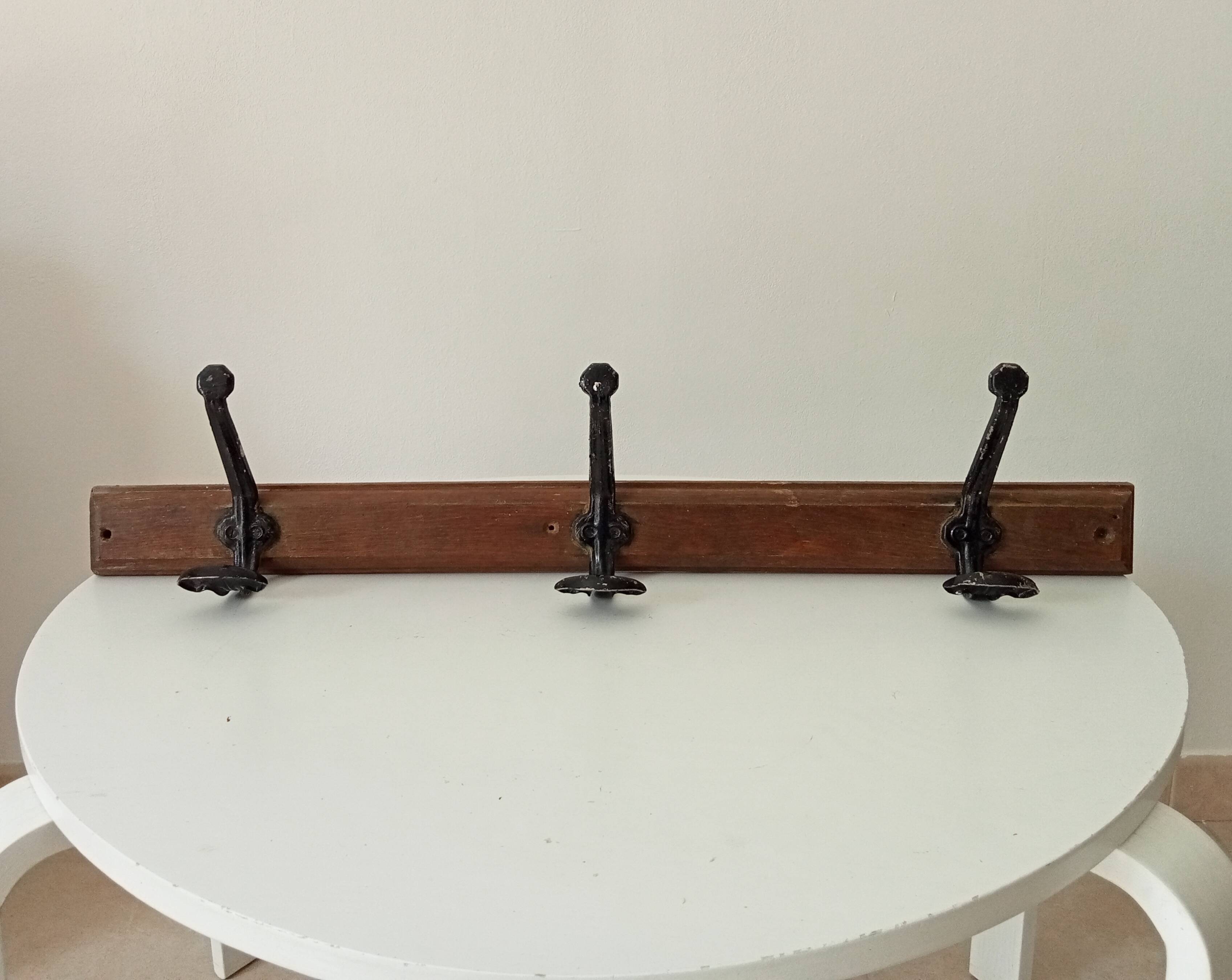 Vintage solid wood and metal wall coat rack