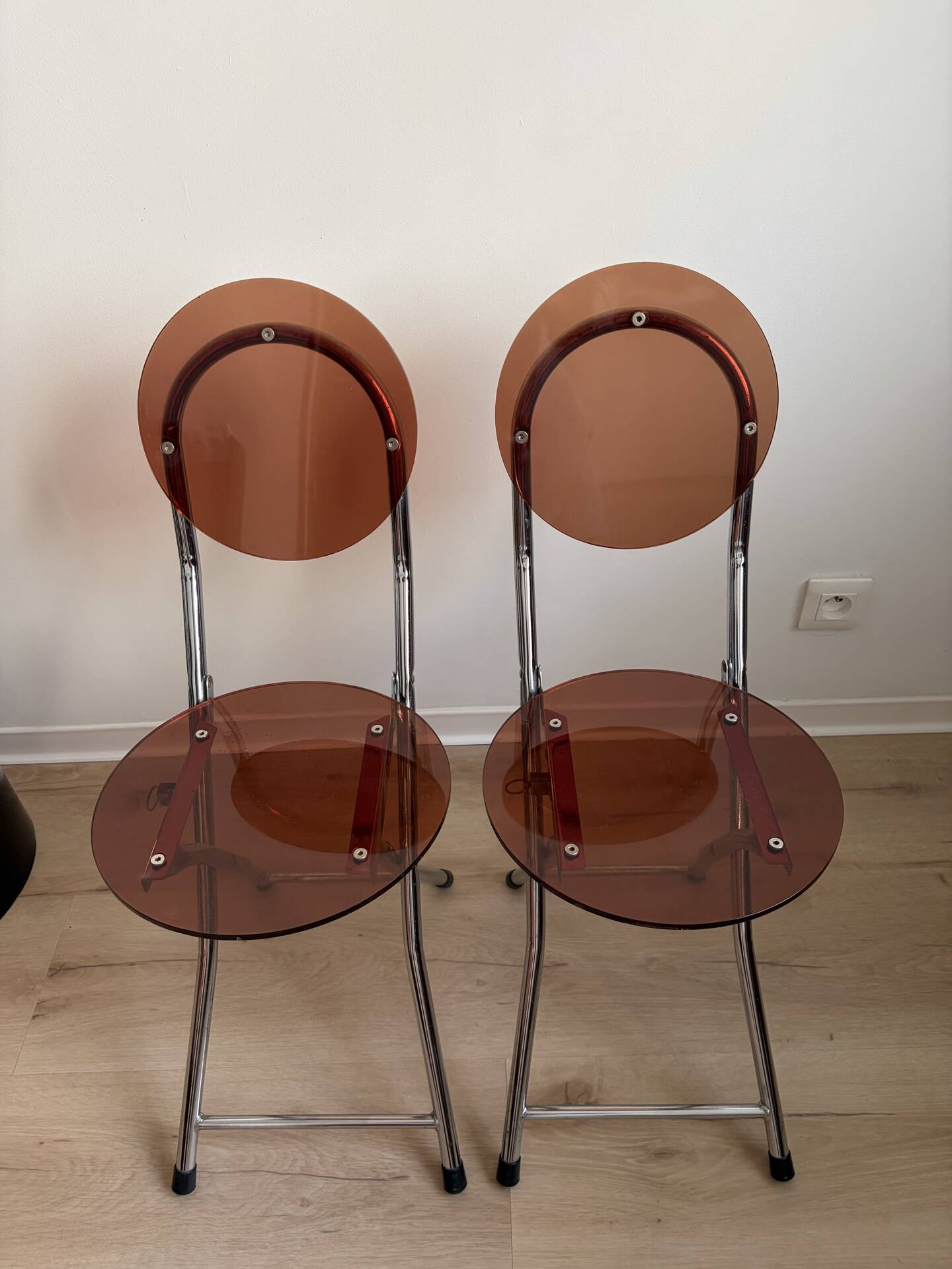 2 folding chairs Space Age plexiglass/steel round back/seat 1980s