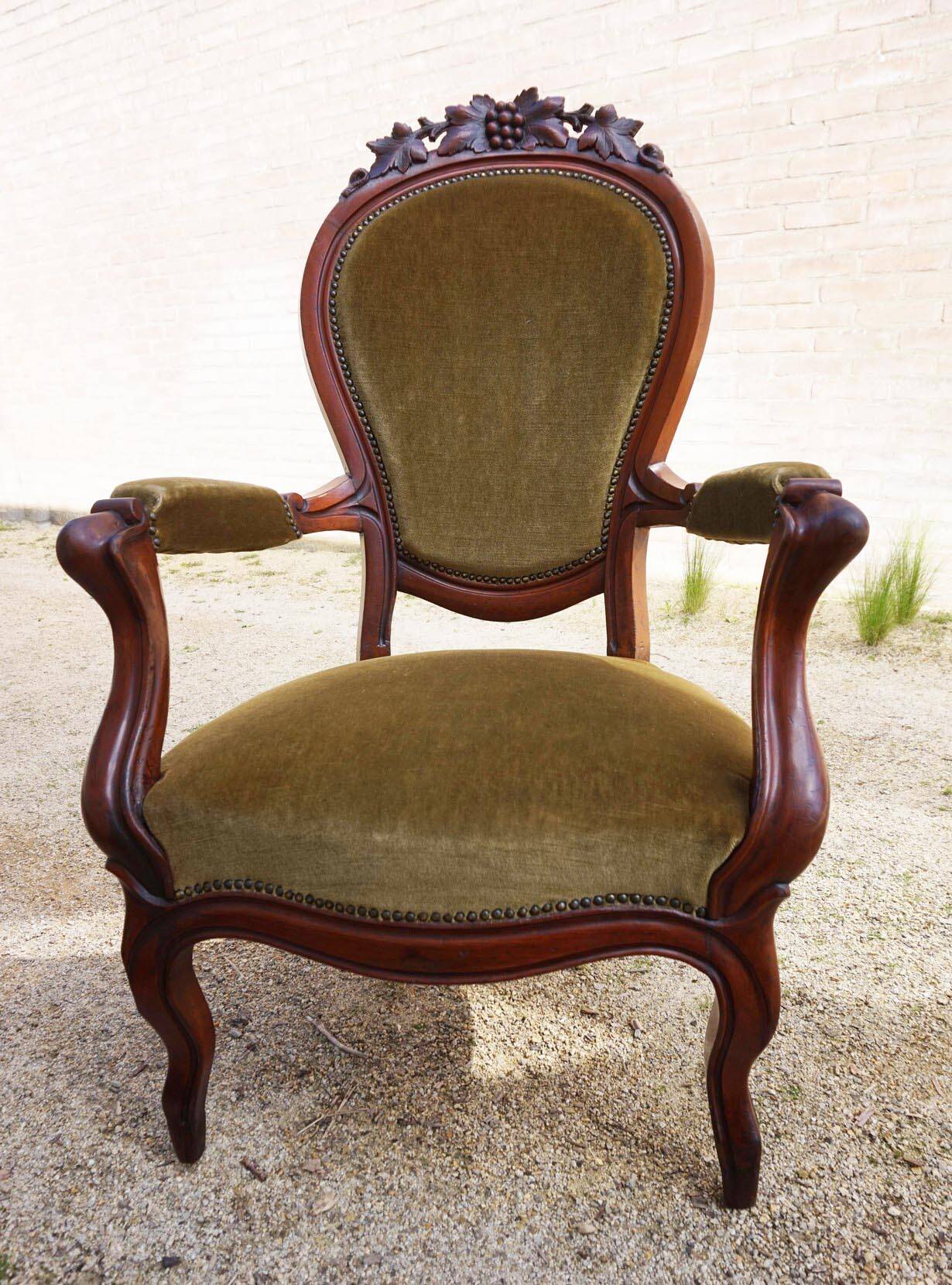 Mahogany Napoleon III Armchair with Carved Grapes  Decoration on Top, 1870s