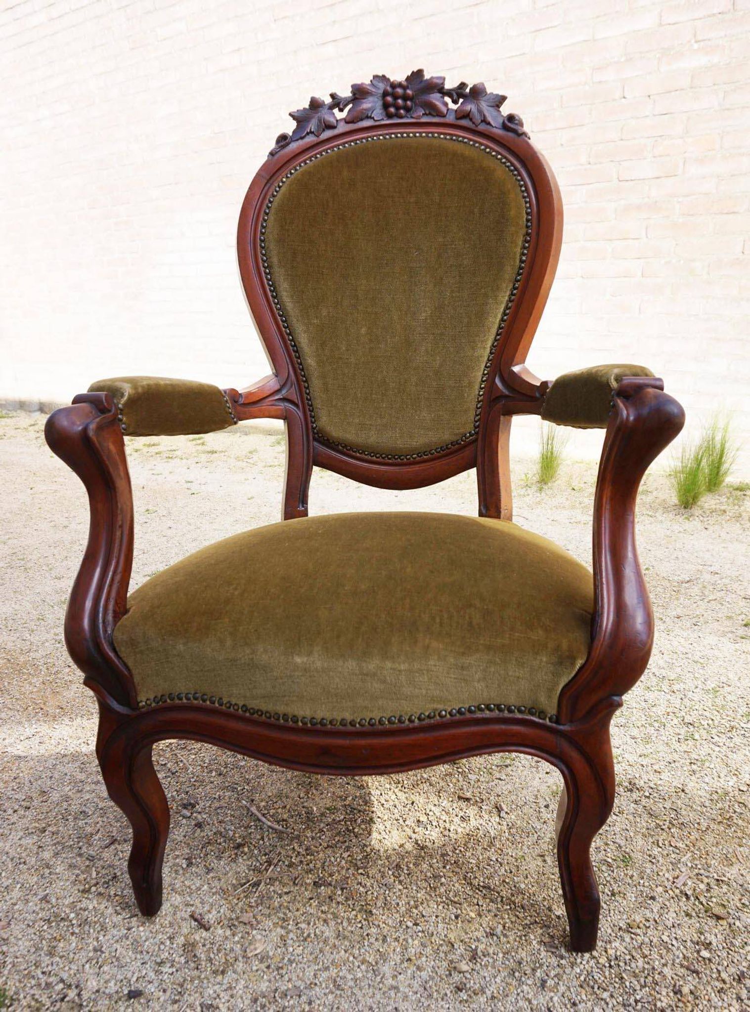Mahogany Napoleon III Armchair with Carved Grapes  Decoration on Top, 1870s