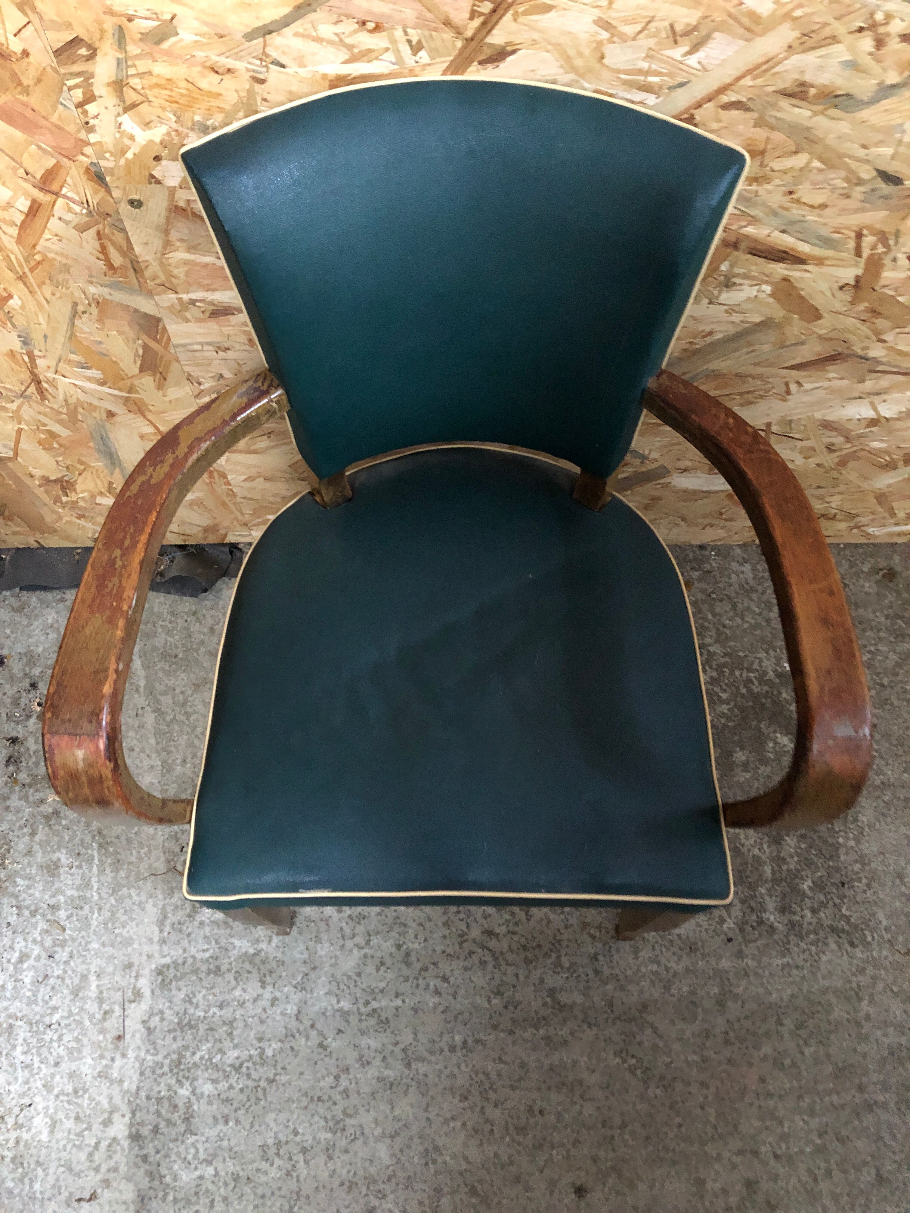 Old wooden bridge armchair + seat & back skaï vintage green