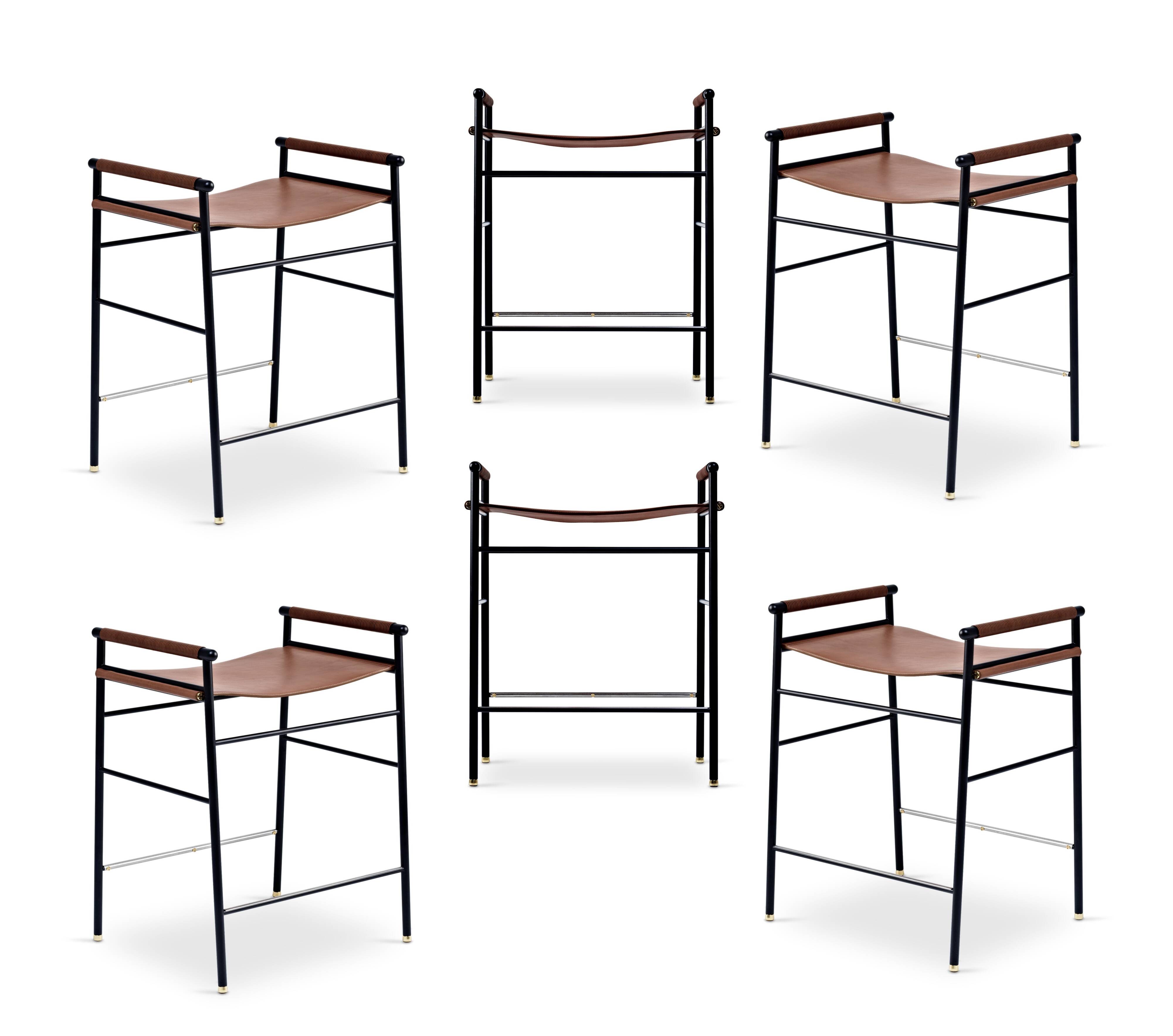 Set of 6 contemporary brown saddle bar stools.