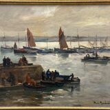 Huile sur carton par Paul Morchain scene de port en Bretagne XXe