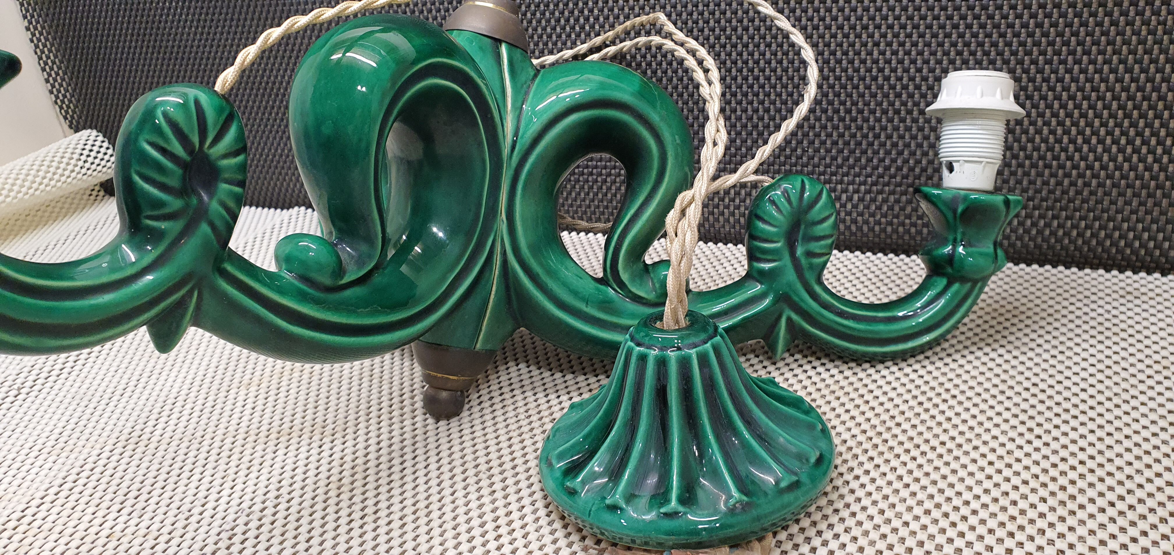 Chandelier 3 arms ceramic green art deco