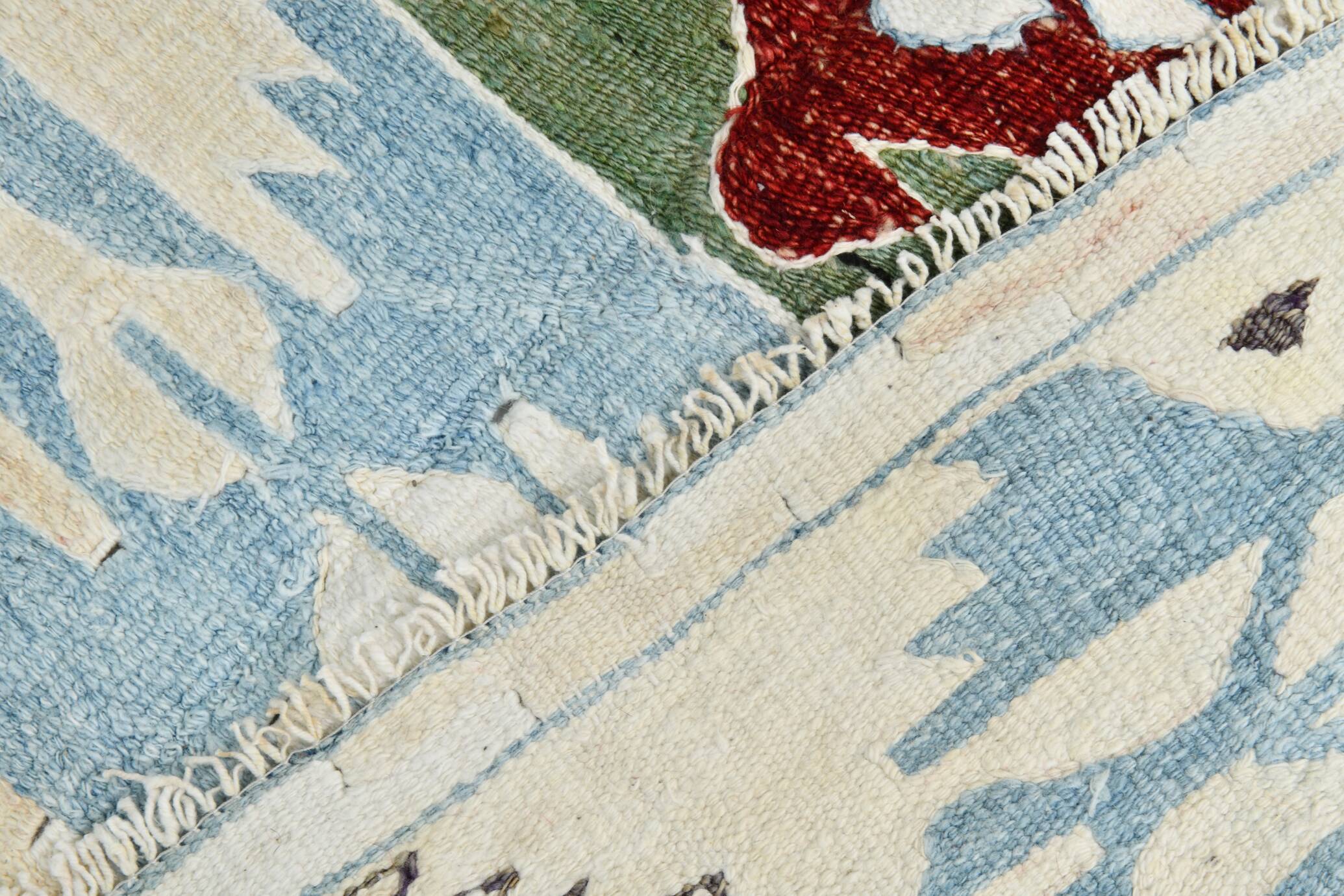 5x8 Burgundy & Light Blue Rare Geometric Style Wool Kilim Rug, 144x241 Cm