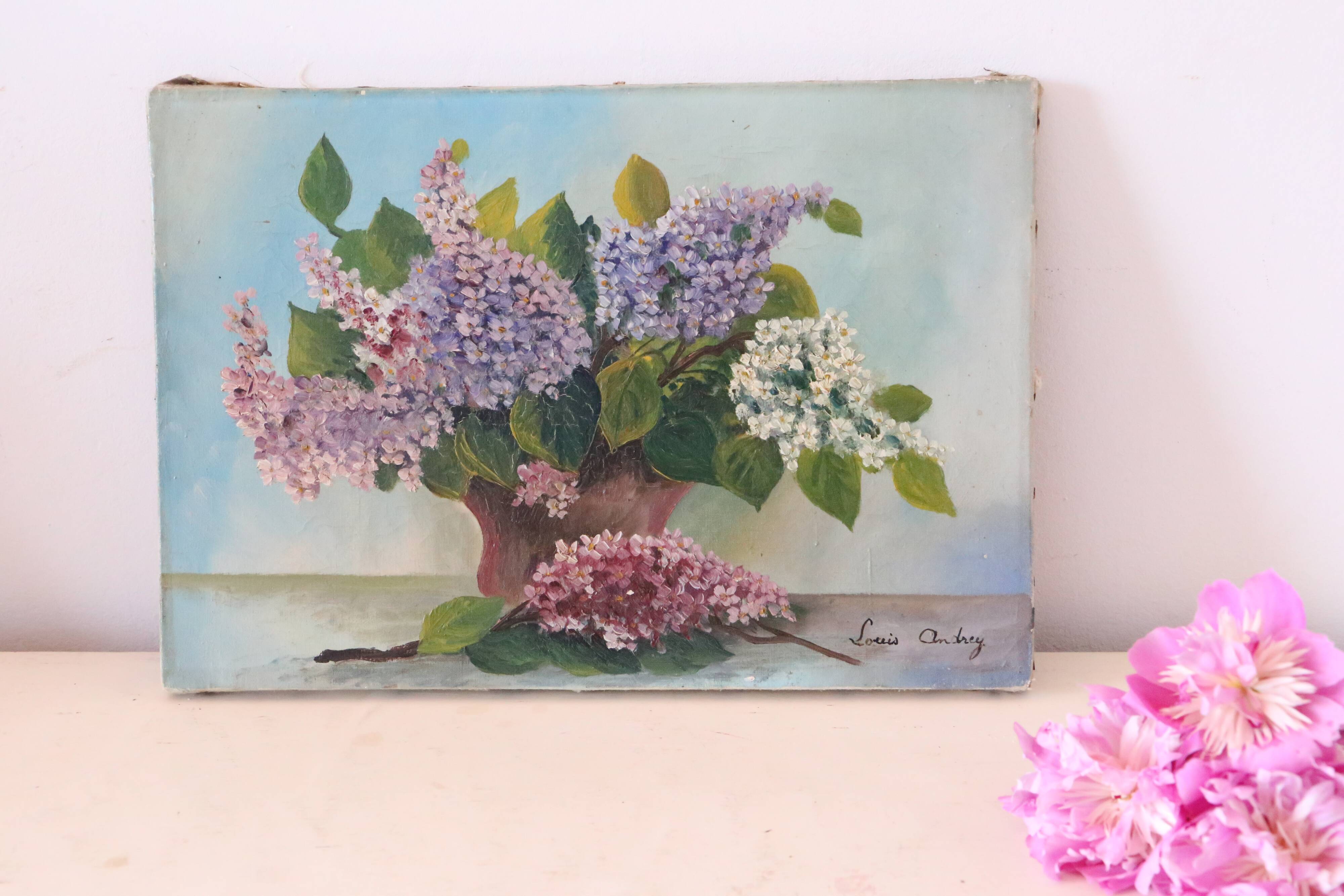 Painting bouquet of flowers, still life, signed Louis Andrey, oil on canvas, mid-twentieth