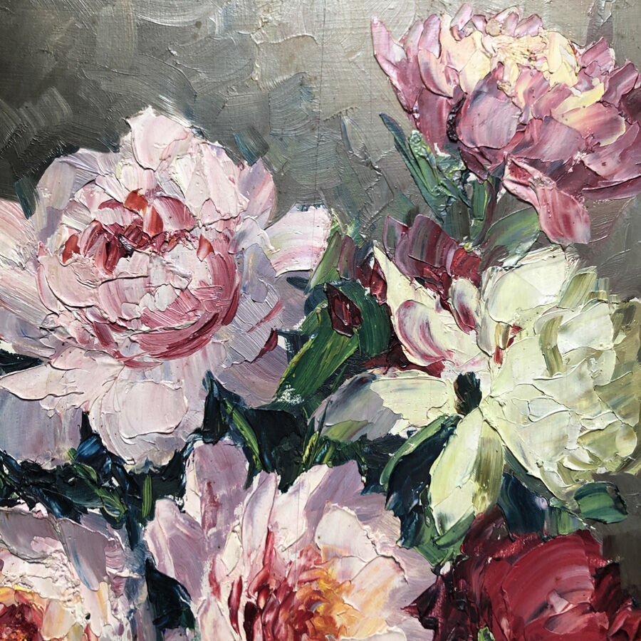 Old painting "Peonies" signed H.Dow