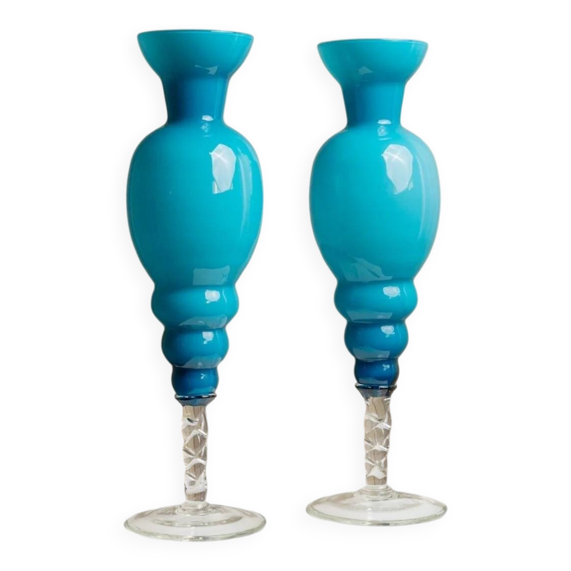 Azure Blue Murano Glass Vase XL, Fluted Beaded Silhouette, 1960s Hollywood Regency