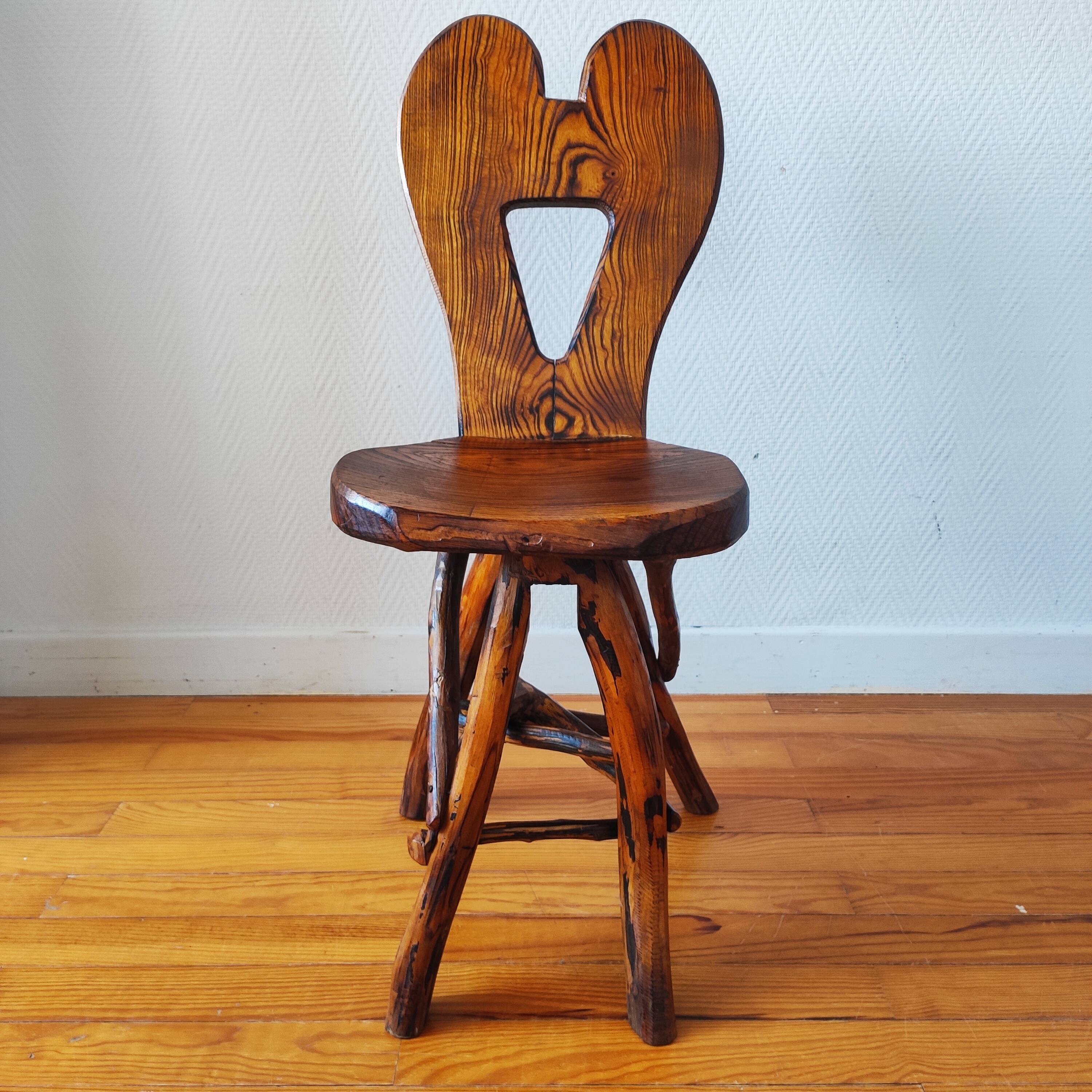 Vintage solid wood chair, popular art, brutalist style, 1950s, heart-shaped backrest.
