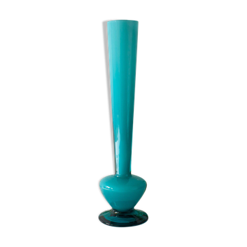 Vase en verre bleu portugais vintage des années 1960 avec pied