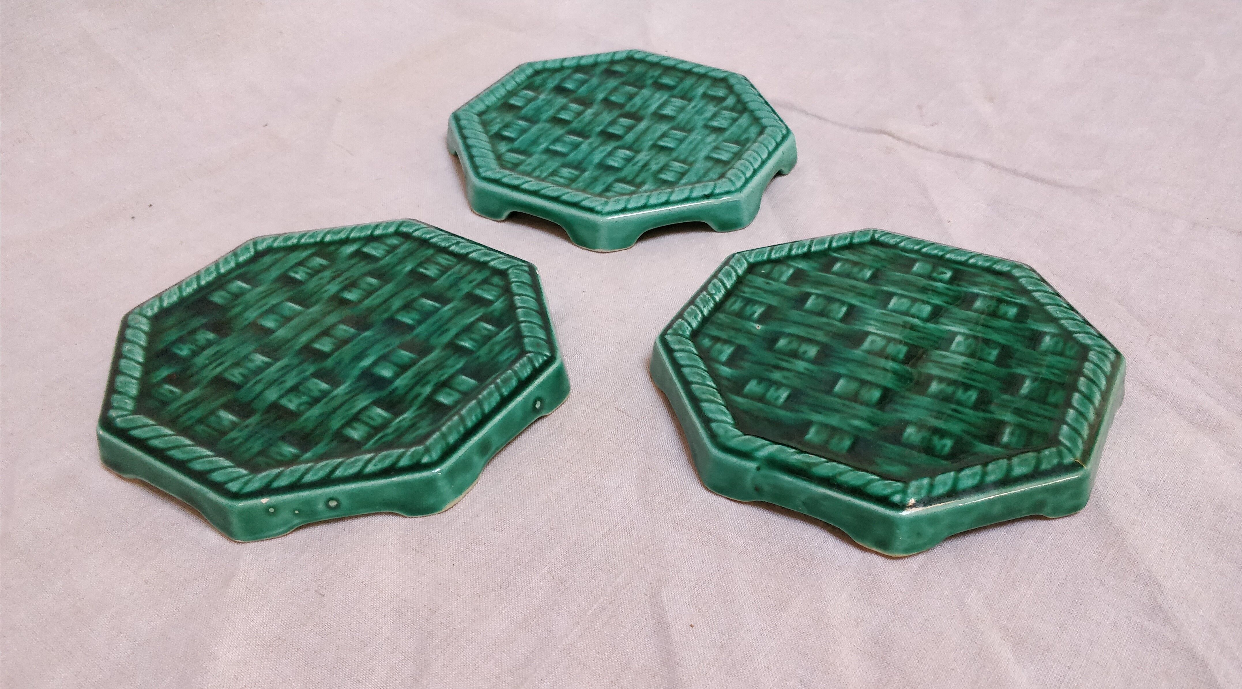 Three flat bottoms in green cermal Digoin