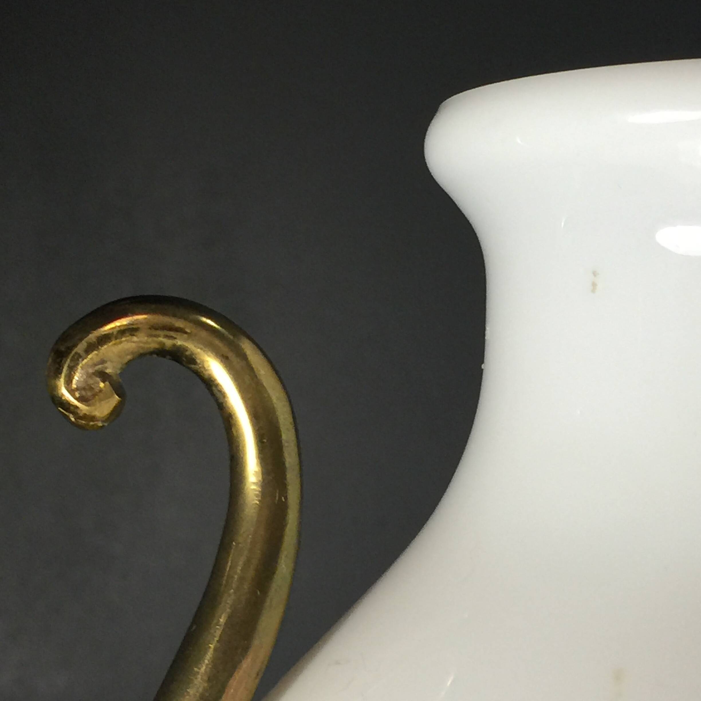 Venini Primavera in Murano, white opaline glass with gilded handles, bronze base.