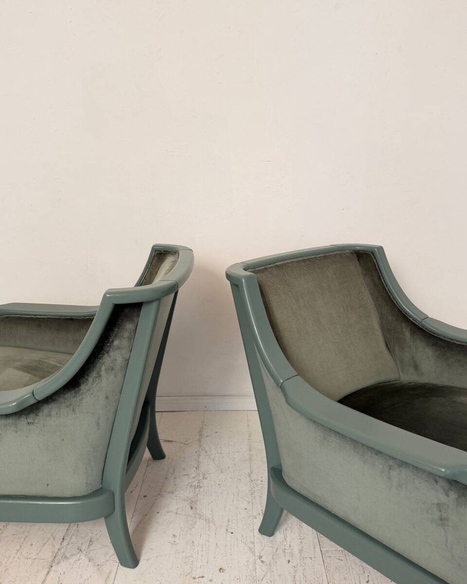 Pair Lounge Chairs in green velvet and lacquered wood, France, 1950